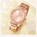 6PCS Set Rose Gold Luxury Watch Women Ring Necklace Earring Set