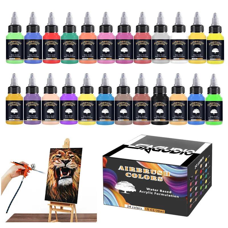 SAGUD Airbrush Paint Set 12/24 Colors 30ML Opaque & Water Based Fluorescent Acrylic Paint for Shoes Nails Art DIY Model Painting  ourlum.com   