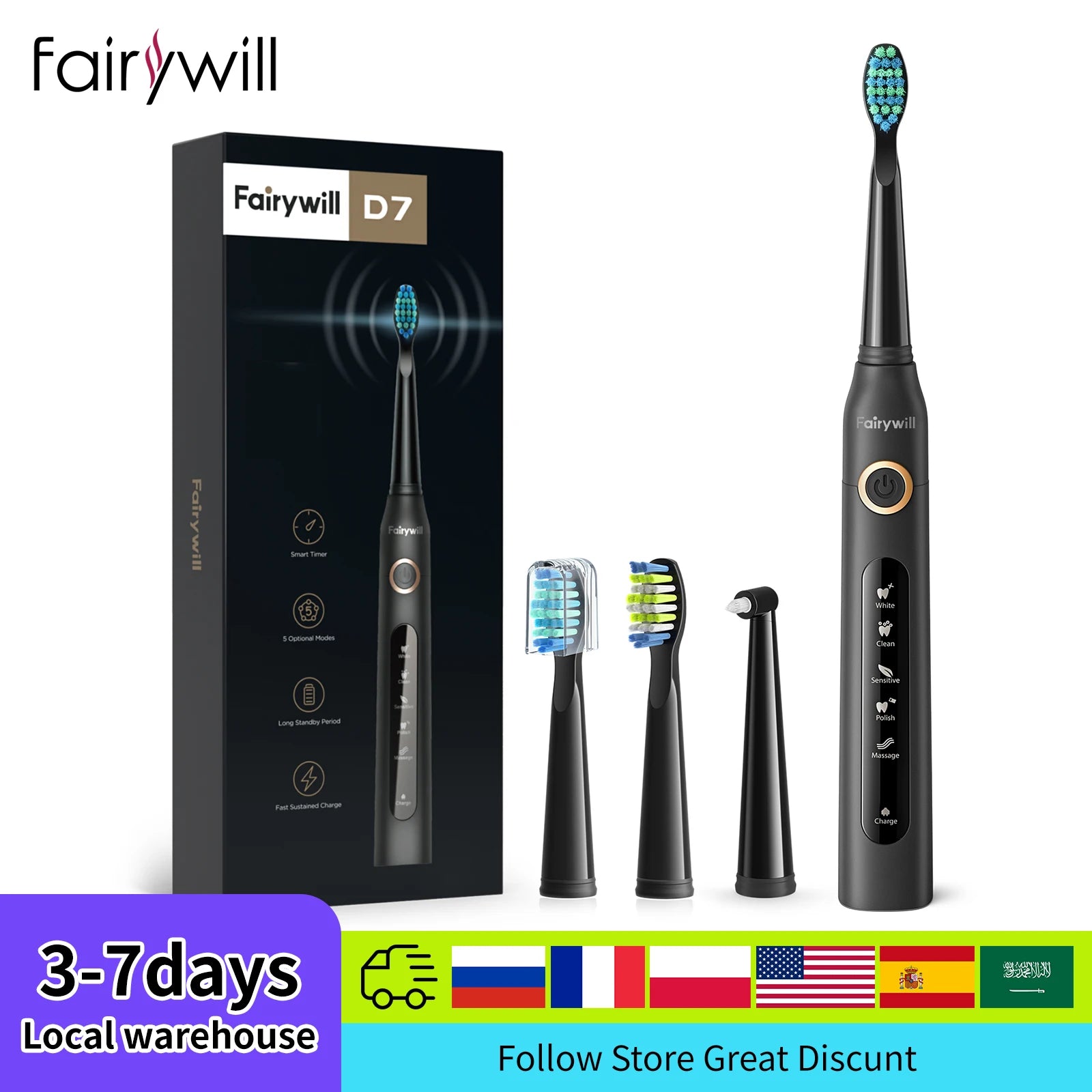 Fairywill Sonic Toothbrush FW507 - Waterproof, 40,000 VPM, 4 Brush Heads