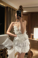 Chic Feather Backless Dress Glamorous Party Style Dress