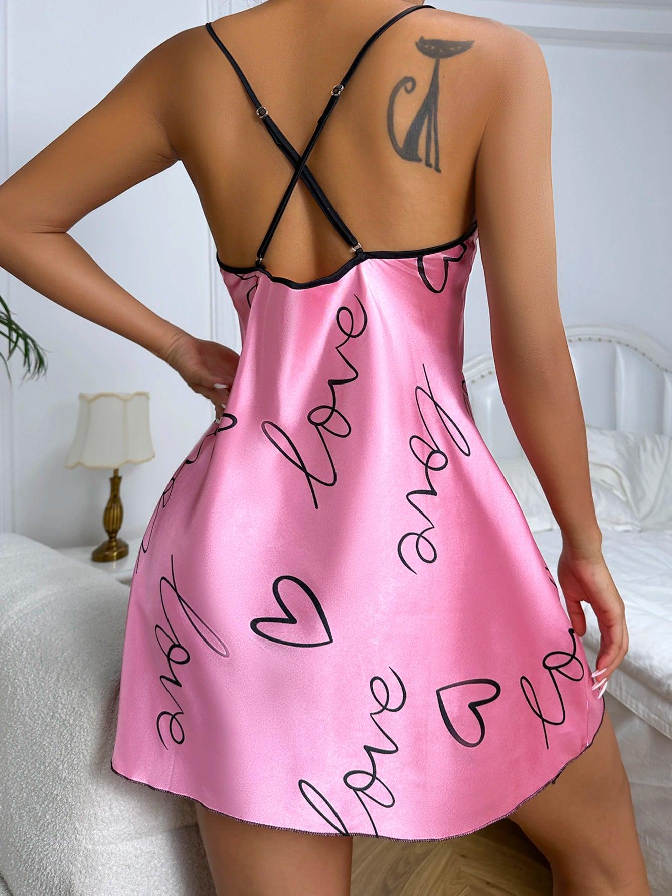 Heart Print Nightgown with Elegant Scoop Neck and Criss Cross Back Detail - Women's Sleepwear  ourlum.com   