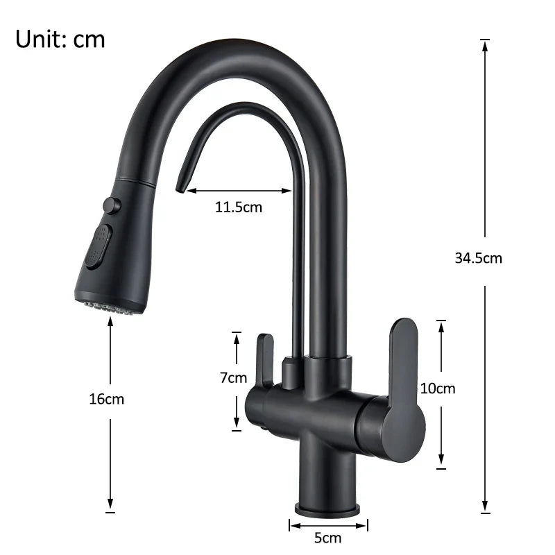 Quyanre Matte Black Filtered Crane For Kitchen Pull Out Spray 360 Rotation Water Filter Tap Three Ways Sink Mixer Kitchen Faucet