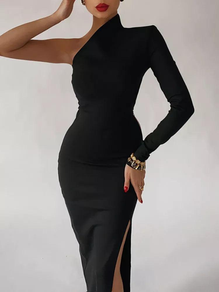 Elegant One-Shoulder Maxi Dress for Women - Chic Black Formal Evening Gown 2022  ourlum.com   