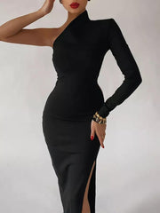 Elegant One-Shoulder Black Maxi Dress: Stylish Formal Evening Gown