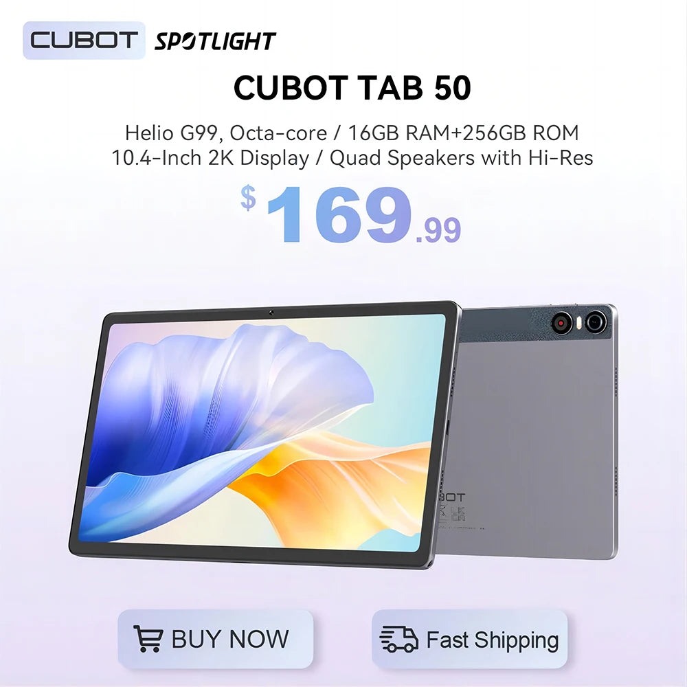 Cubot TAB 50, Tablet android 13, Helio G99, Octa-core, 16GB RAM(8+8GB), 256GB ROM, 10.4" 2K Display, 7500mAh, 4G, WIFI, GPS, OTG
