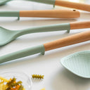 5-Piece Eco-Friendly Silicone Kitchen Utensils Set with Wooden Handles for Non-Stick Cooking and Serving