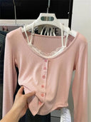 Pink Cropped T-shirt Retro Patchwork Design Korean Chic Fashion