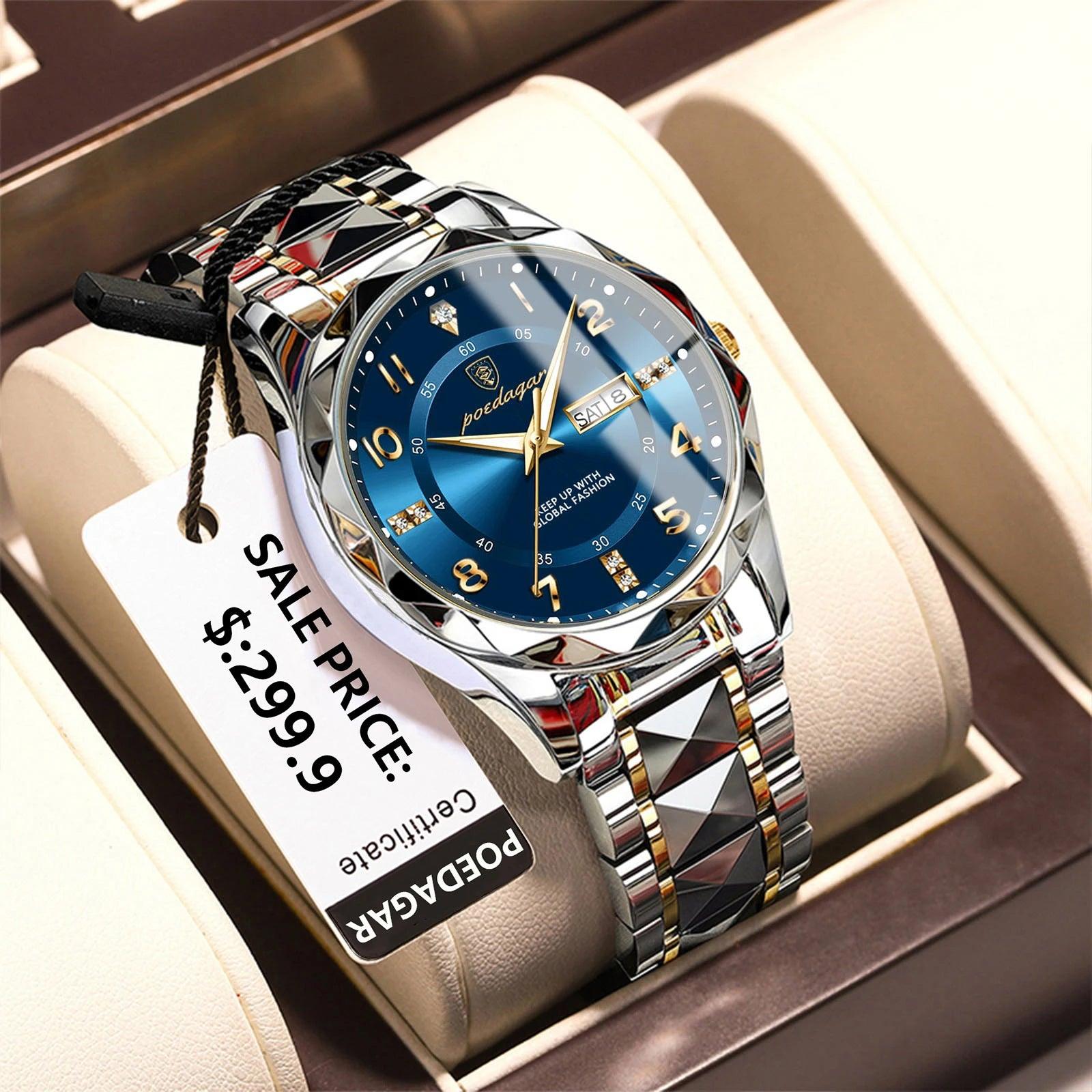 POEDAGAR Premium Stainless Steel Men's Sports Watch with Luminous Date Week Display, Waterproof Quartz Wristwatch + Gift Box  ourlum.com   