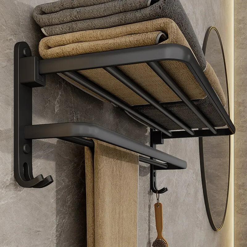 Matte Black Folding Towel Holder with Double Bars and Hook - Wall Mount Aluminum Rack  ourlum.com   