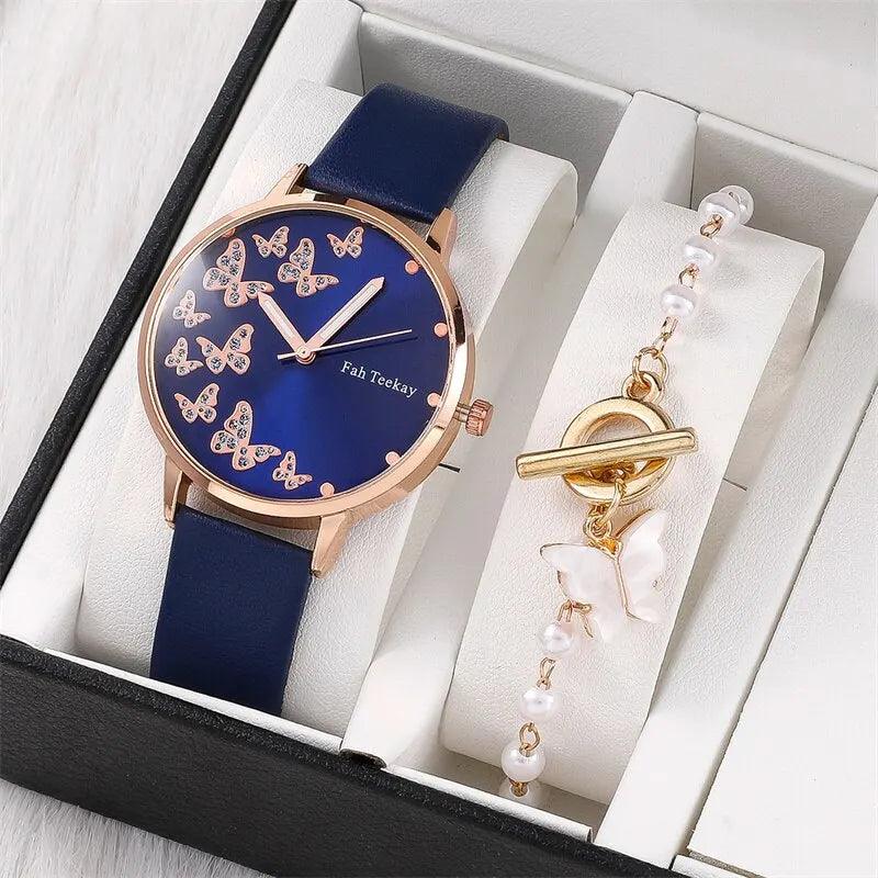 Butterfly Watches Set for Women - Elegant Analog Wristwatch Duo with Leather Band  ourlum.com   
