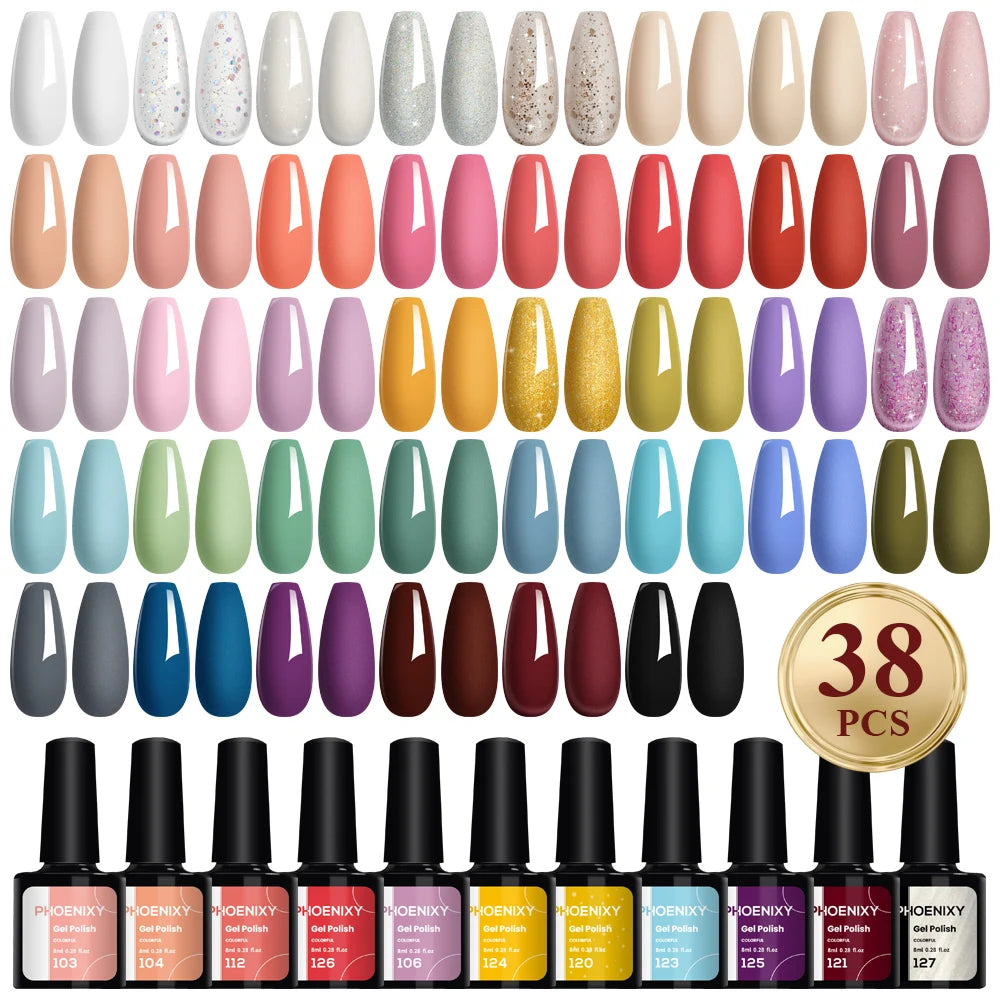 PHOENIXY 38-Piece 8ML Gel Nail Polish Set for Spring/Summer - Long-Lasting Semi-Permanent UV Nail Art Varnishes