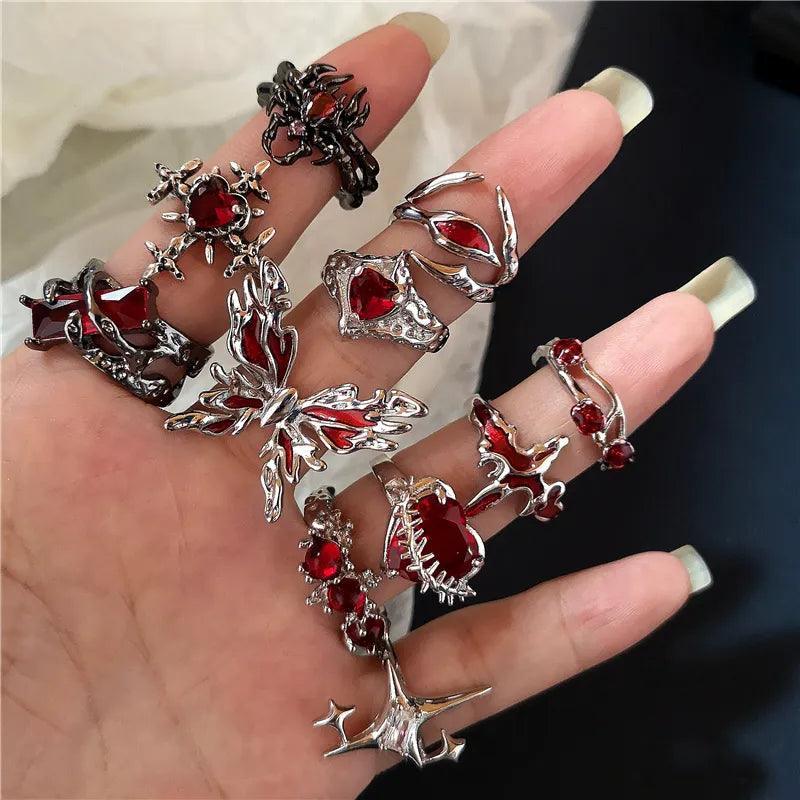 Vibrant Red Crystal Heart Rings with Gothic Spider Motif - Trendy Punk Style Jewelry for Women  ourlum.com   