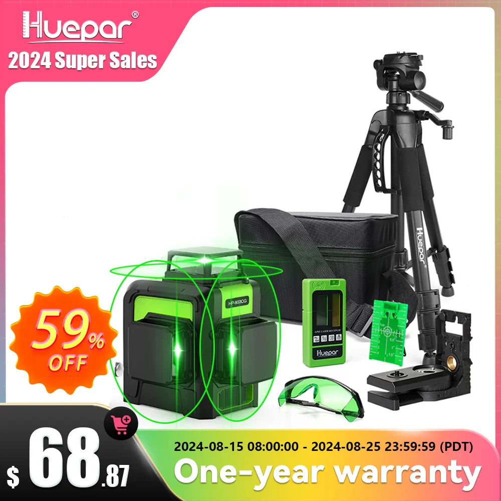 Huepar 12 Lines 3D Cross Line Laser Level Kit Osram Green Laser Beam Self-Leveling 360 Vertical Horizontal with Receiver Tripod