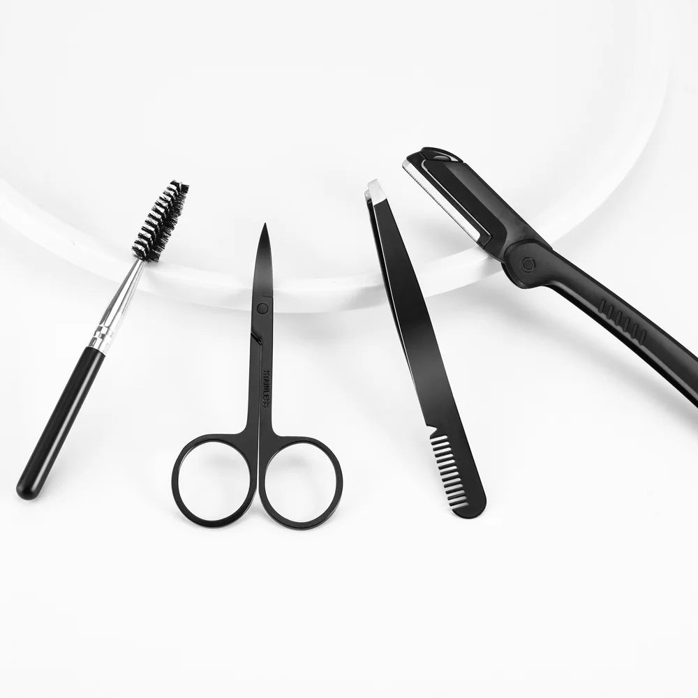 Black Eyebrow Trimming Scissors Stainless Steel Tweezers Eyebrow Scraping Eyebrow Comb Razor Eyebrow Clip Makeup Tools Sets  ourlum.com   