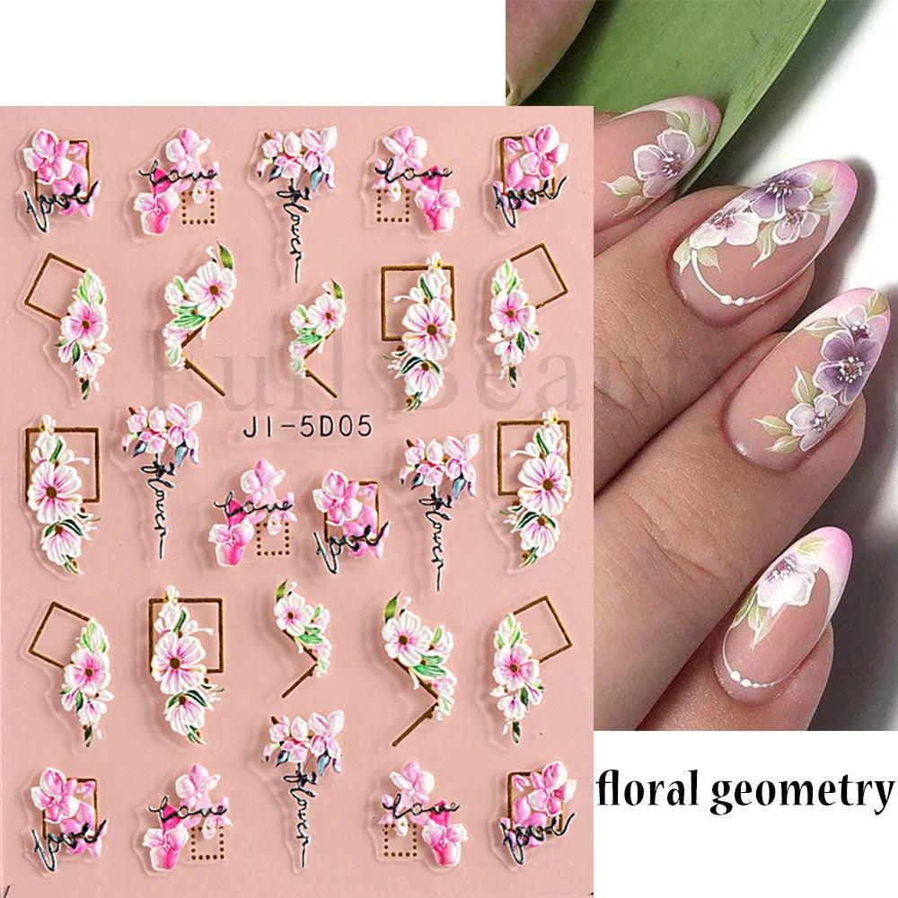 5D Nail Stickers Flowers Geometric Lines Decor Acrylic Embossed Sliders Gold Frame Nail Decals Cherry Blossom Manicure GLJI-5D05  ourlum.com   