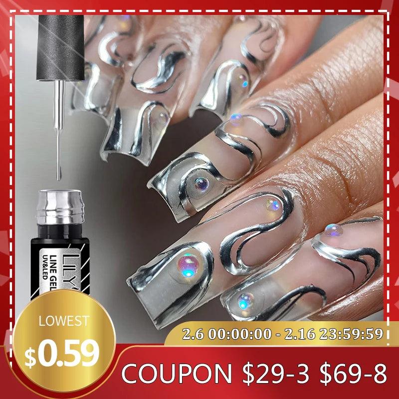 LILYCUTE Metallic Painting Liner Gel Nail Polish - Shimmering Gold & Silver French Nail Art  ourlum.com   