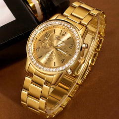 Crystal Diamond Women's Quartz Watch: Elegant Gold & Silver Timepiece - Shop Now