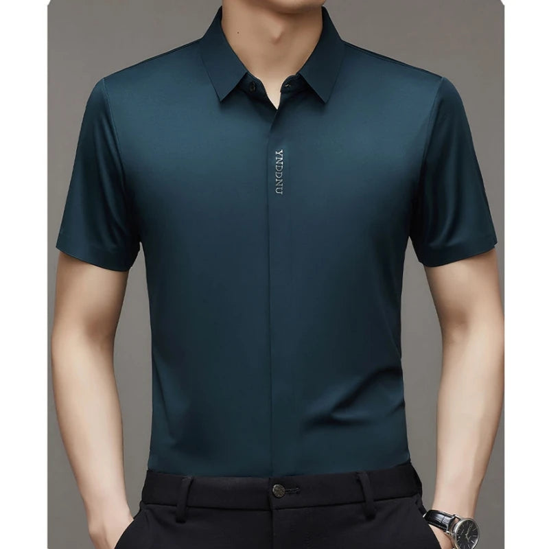 High end  Mulberry Silk Men Short Sleeve Business Shirt Wrinkle Resistant Button Invisible Top Elastic Luxurious Men Shirts