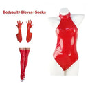 Seductive Glossy PU Leather Catsuit Set with Accessory Bundle  OurLum.com Red D XL 