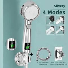 LED Temperature Display Handheld Power Spa Shower: Save Water, 4 Spray Modes