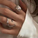 Elegant Geometric Hollow Silver Rings Stylish Vintage Jewelry