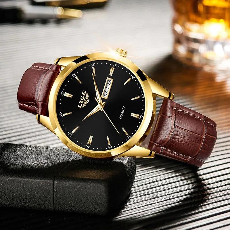 LIGE Luxury Men's Quartz Watch with Waterproof Leather Strap and Luminous Hands  ourlum.com   