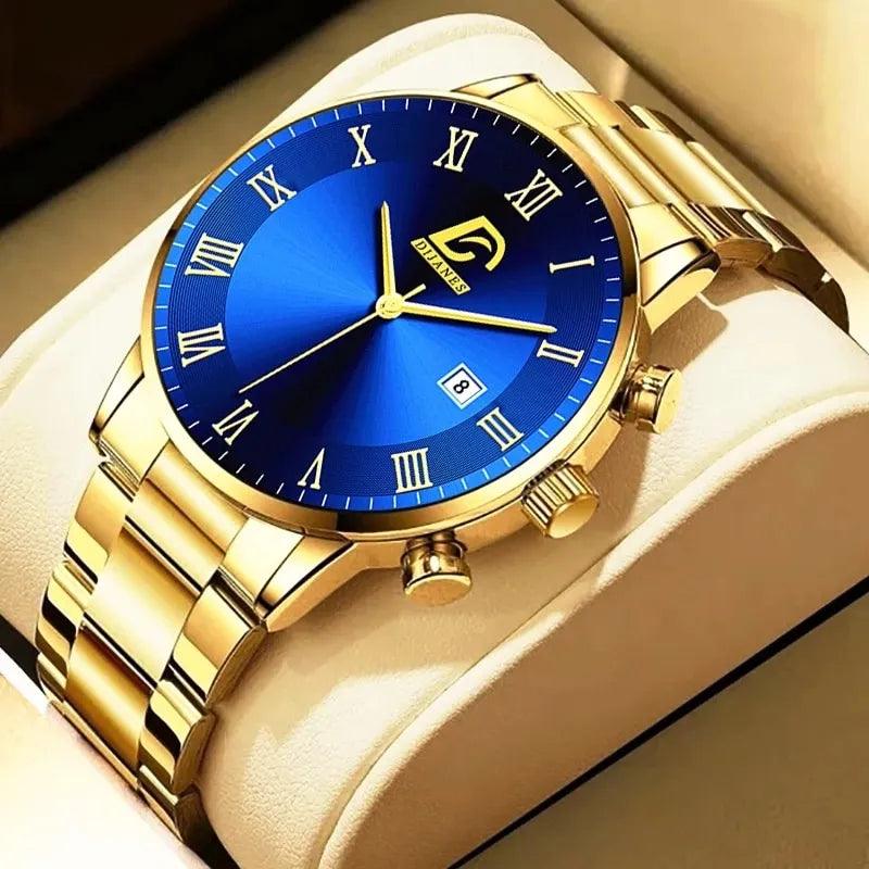 Gold Stainless Steel Men's Quartz Calendar Watch: Luxury Timepiece  ourlum.com   