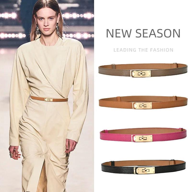 Luxurious Leather Women's Waist Belt with Gold Knot Buckle - Designer Cowhide Belt for Party Dresses & Jeans  ourlum.com   