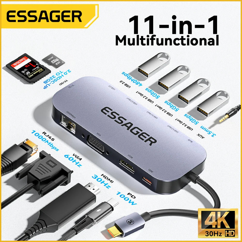 Essager 11 in 1 USB C HUB 4K 30HZ Type C Docking Station For Macbook Air Pro Adapter Splitter For Laptops HDMI-Compatible RJ45  ourlum.com   