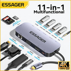 Essager 11 in 1 USB C HUB 4K 30HZ Type C Docking Station For Macbook Air Pro Adapter Splitter For Laptops HDMI-Compatible RJ45