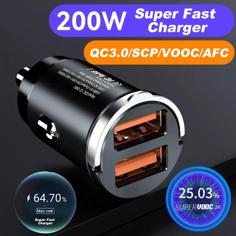 200W Mini Fast Car Charger for iPhone Samsung Huawei: Quick Charge PD USB Type C  ourlum.com   