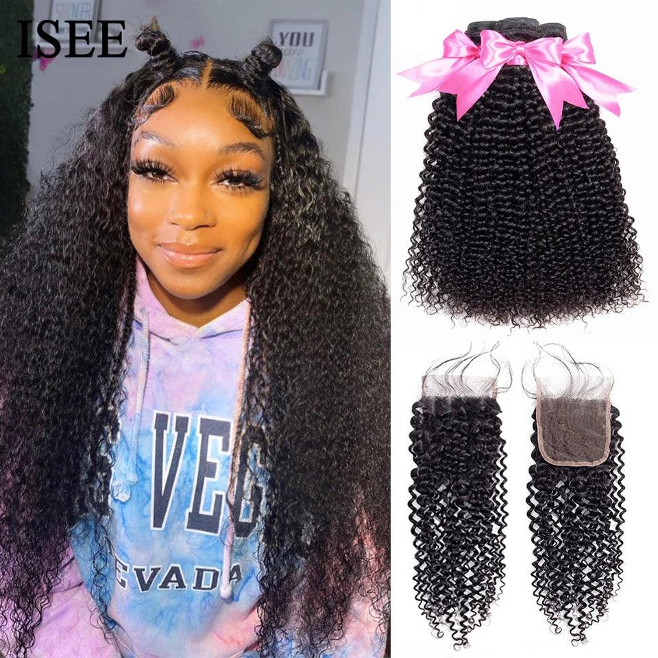 Exquisite Mongolian Kinky Curly Human Hair Bundle Set by ISEE HAIR  ourlum.com 26 26 26 Closure 20 4" x 4" Remy Hair