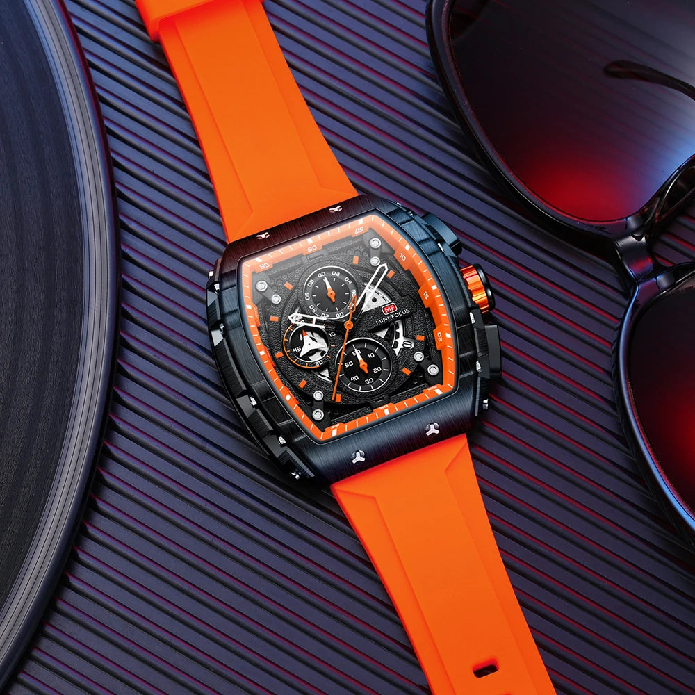 MINIFOCUS Men's Military Sport Chronograph Quartz Watch with Orange Silicone Strap and Tonneau Dial Auto Date Feature