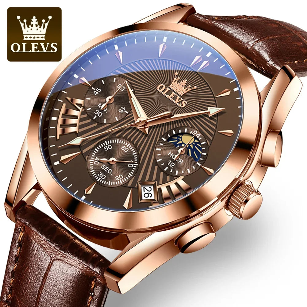 Luxury Sports Watch: OLEVS 2876 Multifunctional Genuine Leather Men's Quartz Waterproof Wristwatch  OurLum.com   