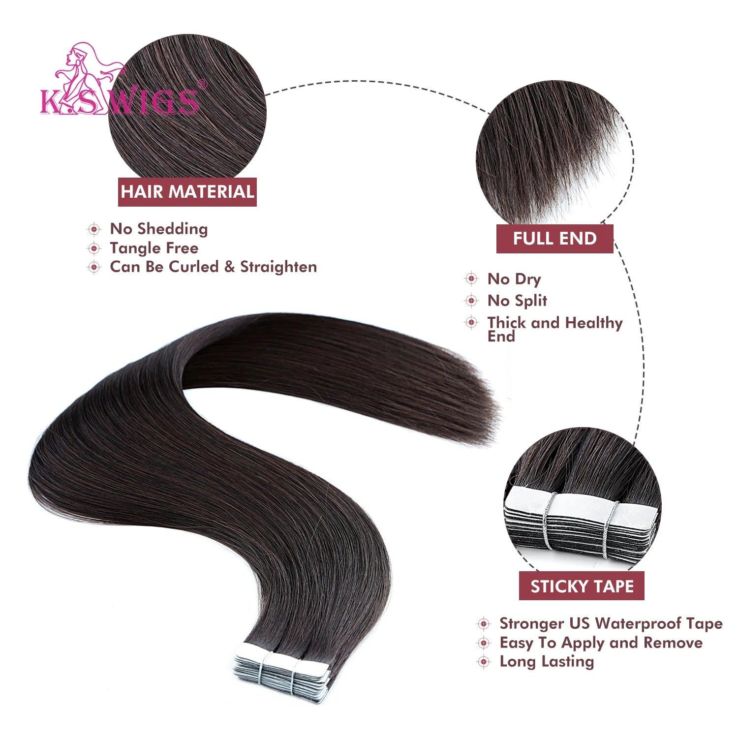 K.S WIGS Remy Tape In Human Hair Extensions Double Drawn Skin Weft Ombre Color Thick Ends Adhesive Hair Extensions 16''-24''