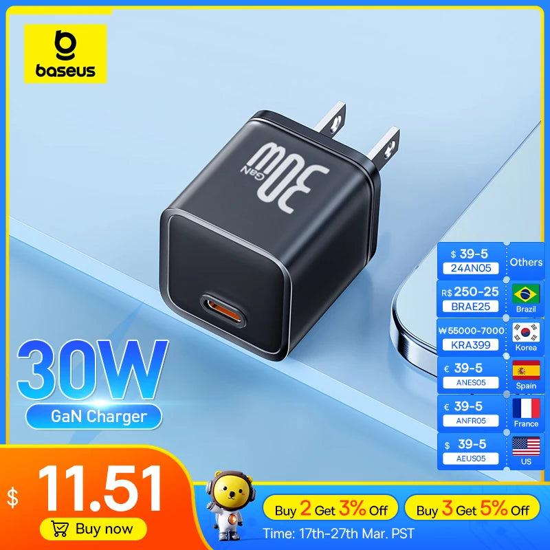 Baseus 30W GaN Charger with Intelligent Fast Charging for iPhone 15 14 13 12 and More  ourlum.com   