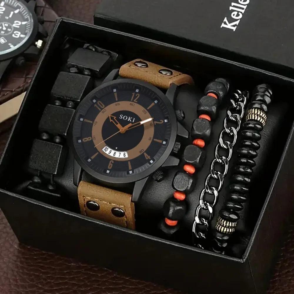Hip Hop Style 5-Piece Men's Bracelet Watch Set with Calendar Quartz Movement and Leather Band  ourlum.com   