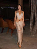 Bright Silk Glitter Evening Gown Sequin Halter Dress Elegant