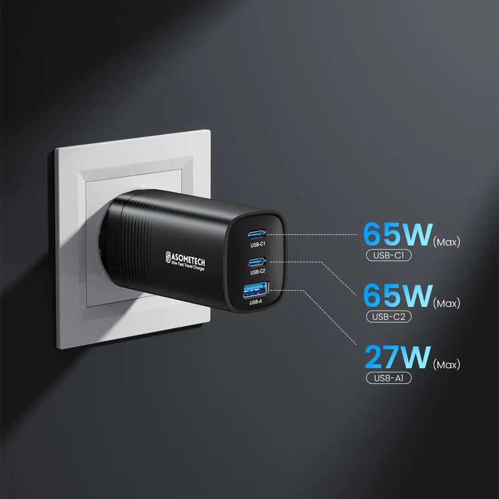 ASOMETECH 65W GaN Dual Port USB-C Charger with Huawei Quick Charge Support  ourlum.com   
