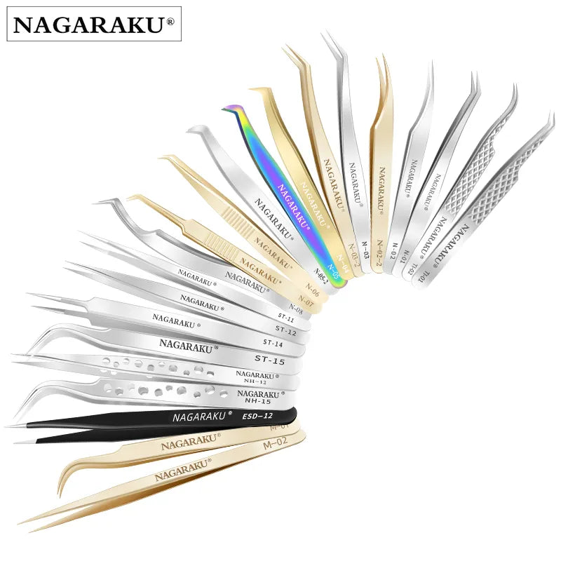 NAGARAKU Stainless Steel Straight Curved Nail Tools Volume Eyelash Accurate Tweezers Nippers Pointed Clip Set Makeup Tools  ourlum.com   