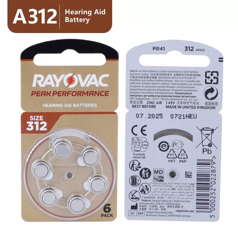 Hearing Aid Batteries 60PCS / 10 Cards RAYOVAC PEAK 1.45V 312 312A A312 PR41 Zinc Air Battery For BTE CIC RIC OE Hearing Aids  ourlum.com   