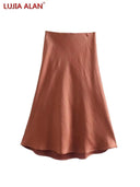 Solid Satin A-Line Midi Skirt Stylish Summer Fashion Statement