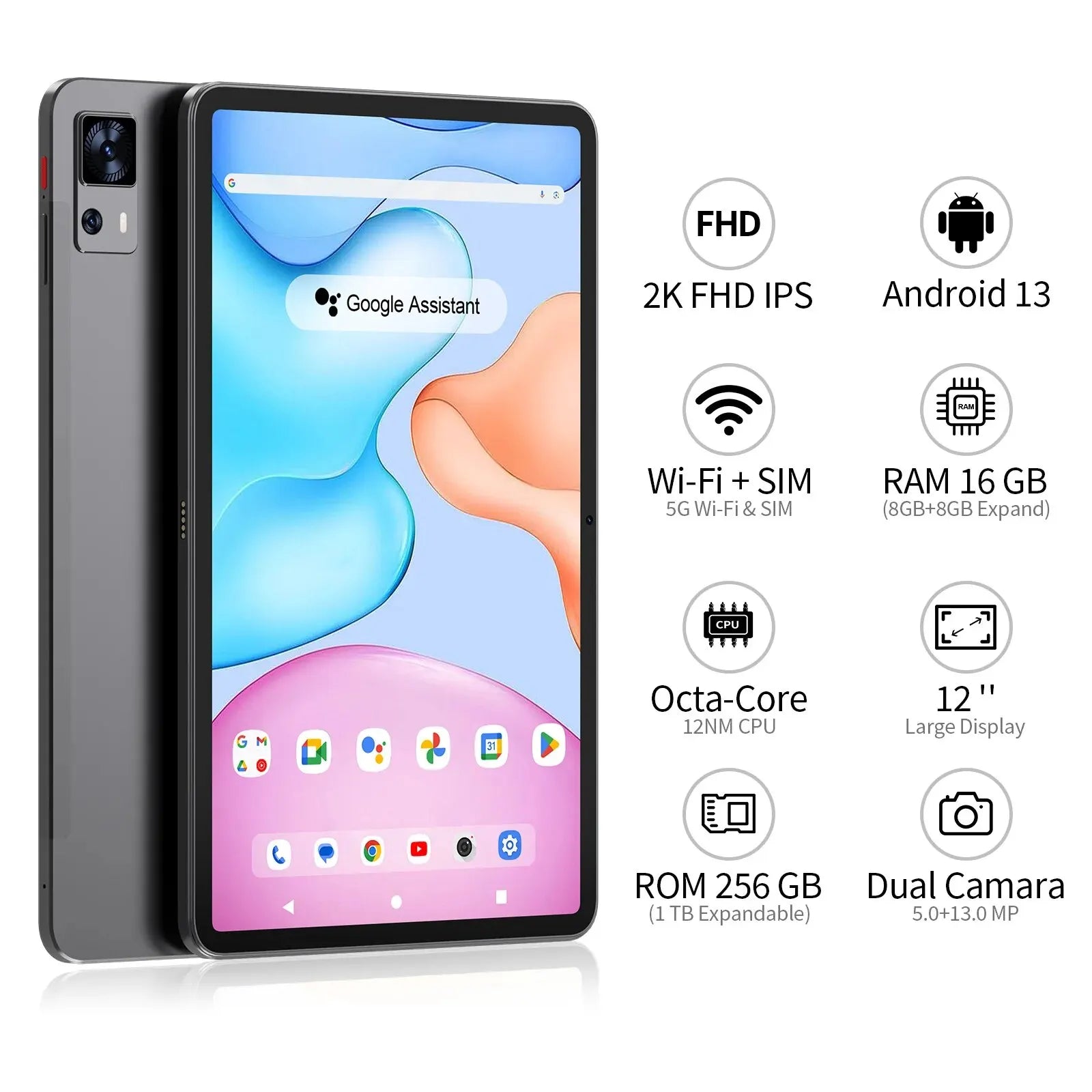 TAB16 12" 2K Tablet Android 13 2000x1200 FHD INCELL 16GB RAM 256GB ROM UNISOC T616 Octa Core 4G SIM 18W Fast Charging
