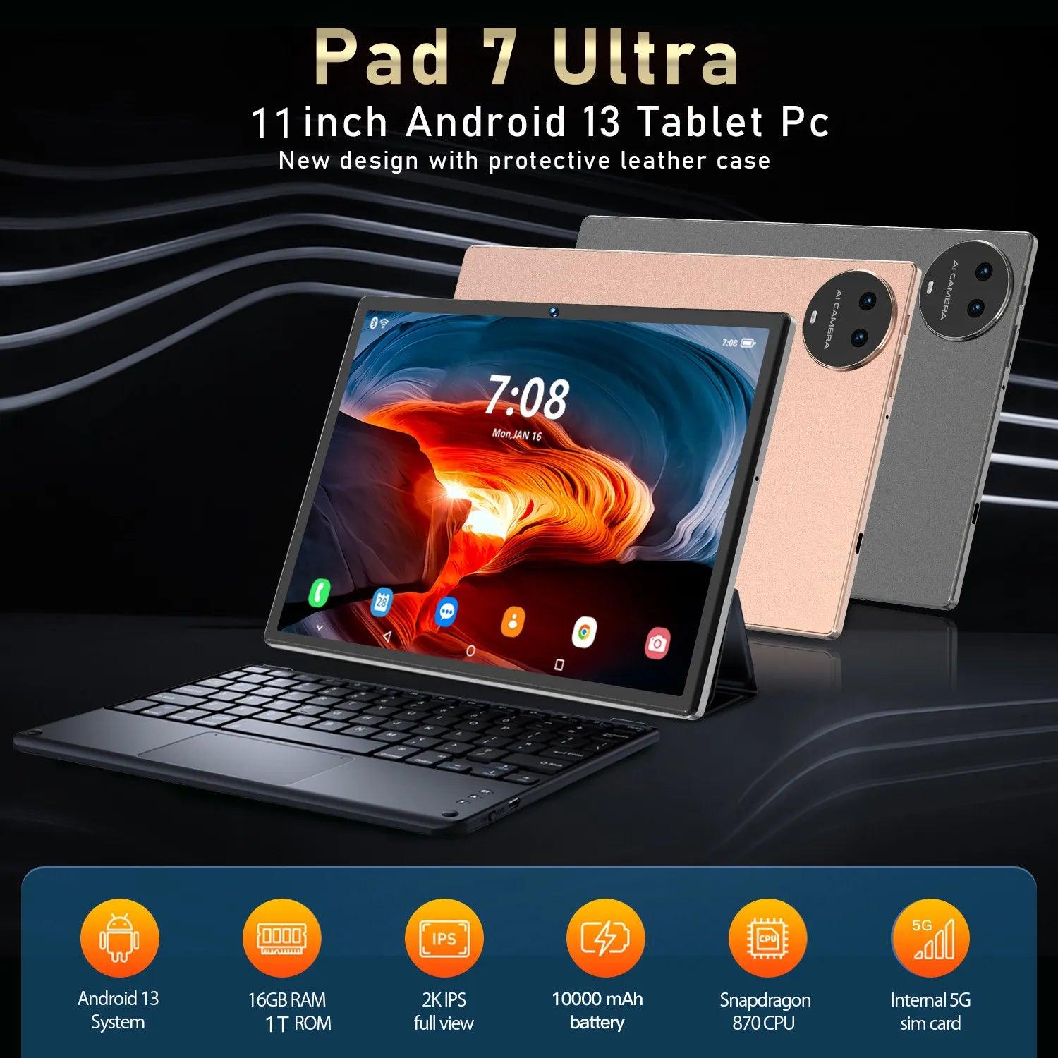 2024 PAD 7 Ultra 11" Android Tablet - 16GB RAM, 1TB Storage, 5G Dual SIM, 10000mAh Battery, GPS, Bluetooth, WiFi