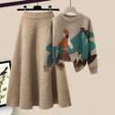 Winter Cartoon Print Knit Sweater & Skirt Set Chic Party