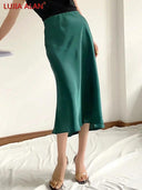 Solid Satin A-Line Midi Skirt Stylish Summer Fashion Statement