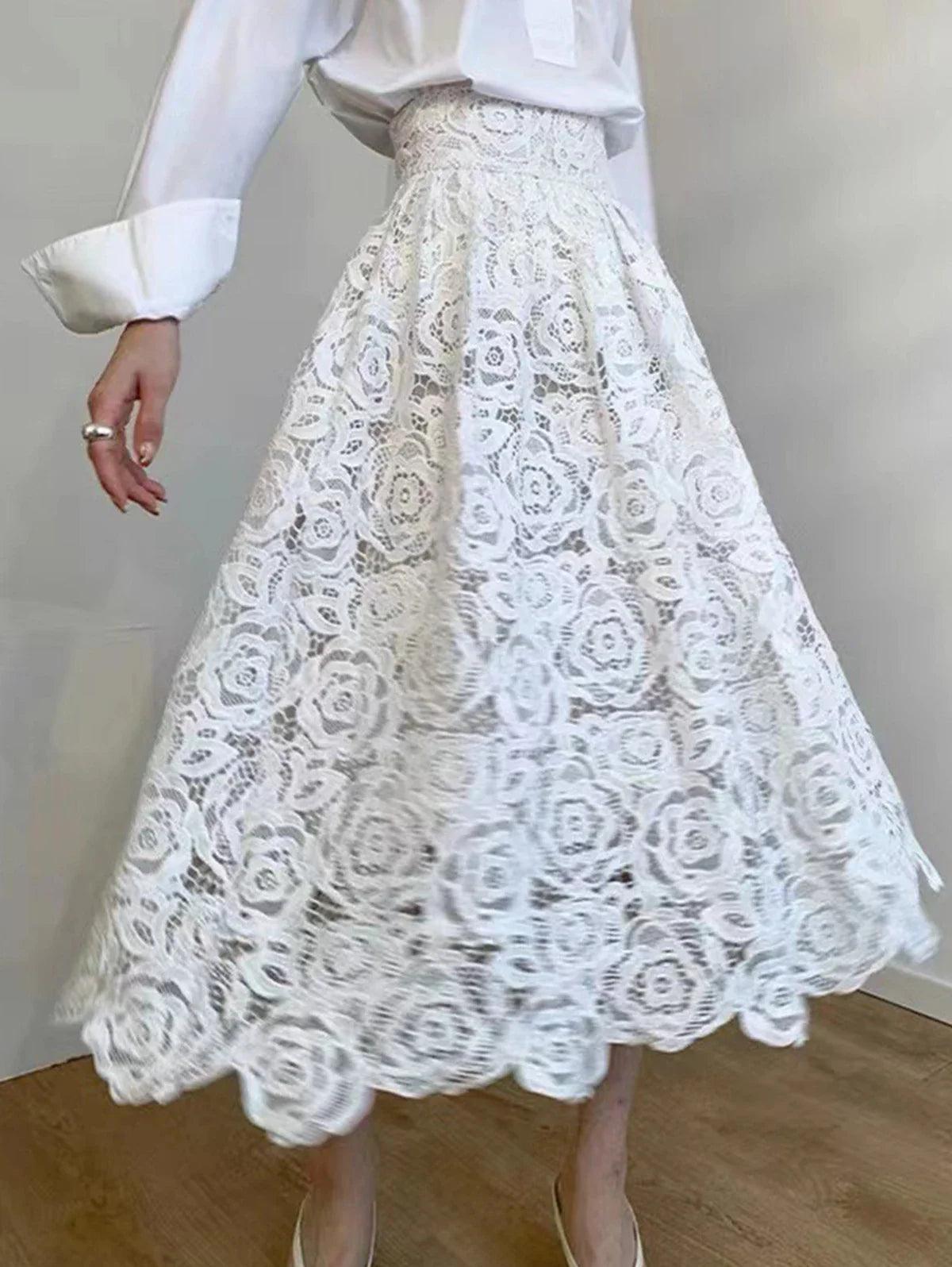 Vintage Floral Lace A-Line Skirt: Elegant Women's Fashion  ourlum.com WHITE 4XL CHINA