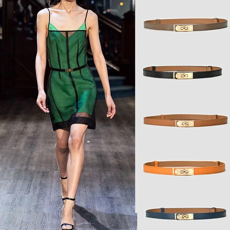 Luxurious Leather Women's Waist Belt with Gold Knot Buckle - Designer Cowhide Belt for Party Dresses & Jeans  ourlum.com   