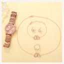 6PCS Set Rose Gold Luxury Watch Women Ring Necklace Earring Set