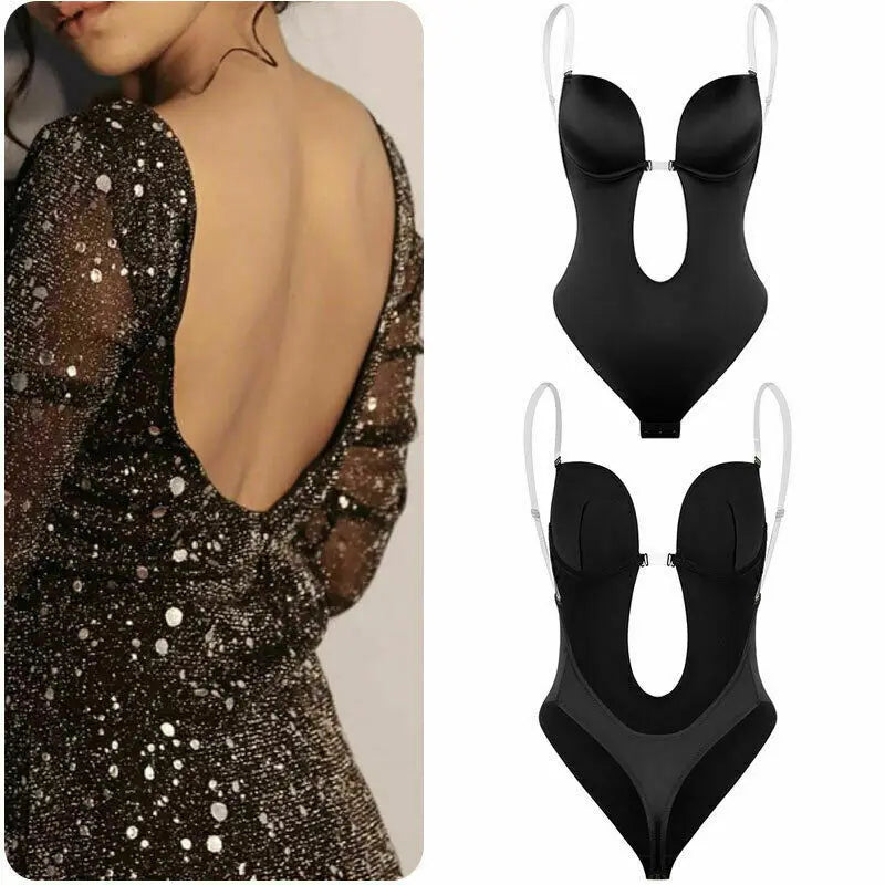 Sexy Women Deep U Plunge Seamless Push Up Bra Thong Backless Dress Bodysuit Shaper Bodysuit Party Dress Underwear Body Shaper